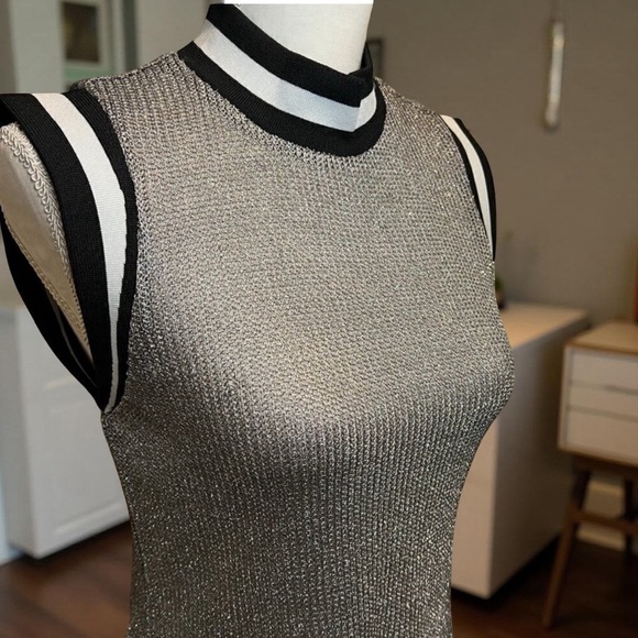 BB Dakota for Anthropologie Metallic Lurex Knit Varsity Tank Top | Silver | M - Picture 16 of 16